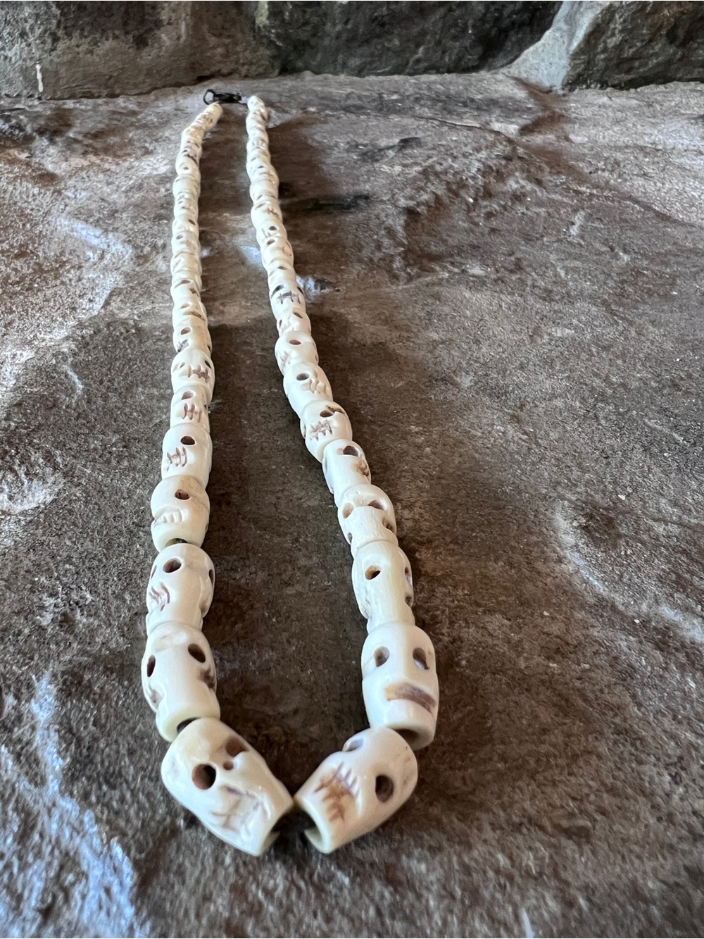 Vintage Real Bone Hand-Carved White Skull Bead Necklace